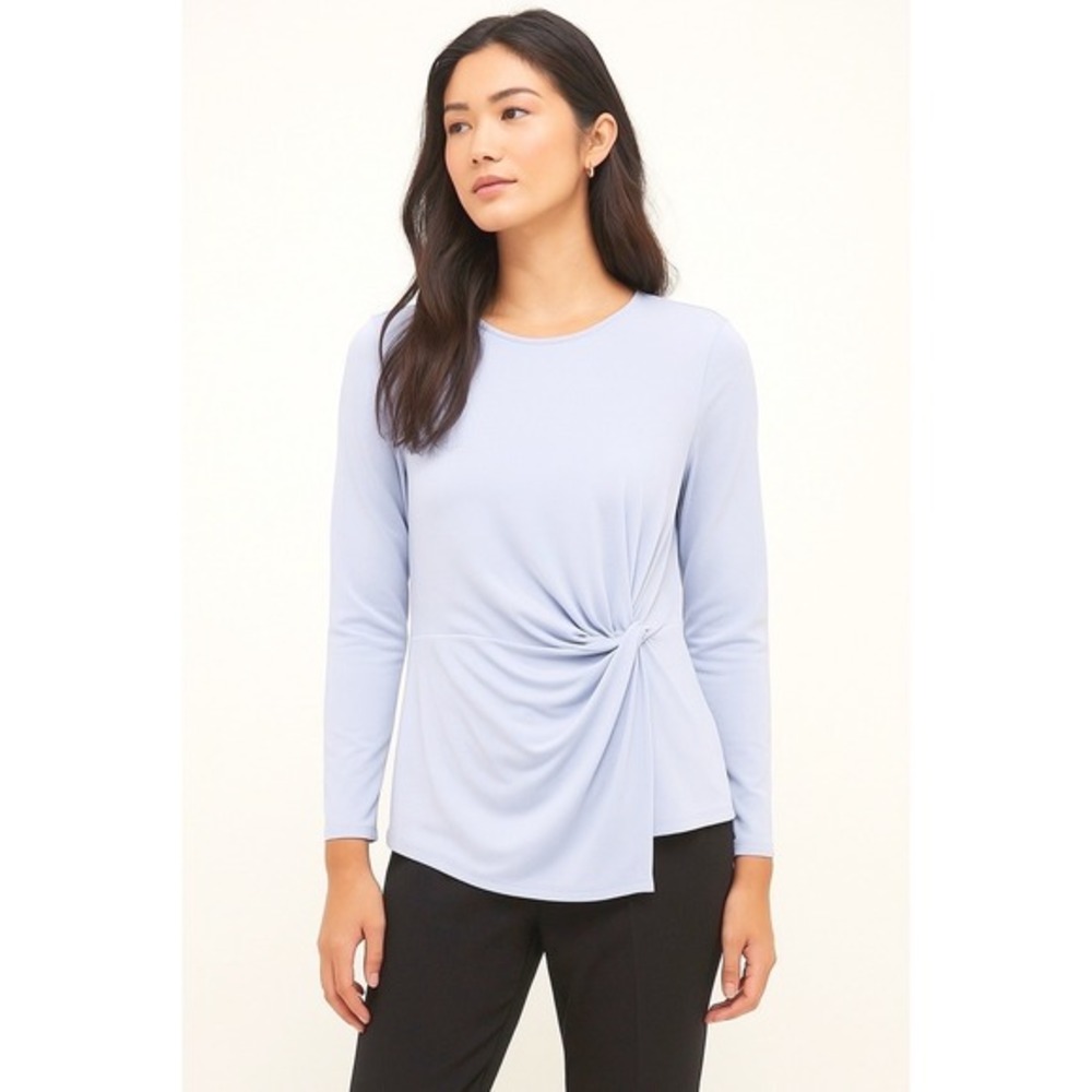 Ann Taylor 3/4 Sleeve Twist Front Asymmetrical Hem Top Blue M Preppy 79-50